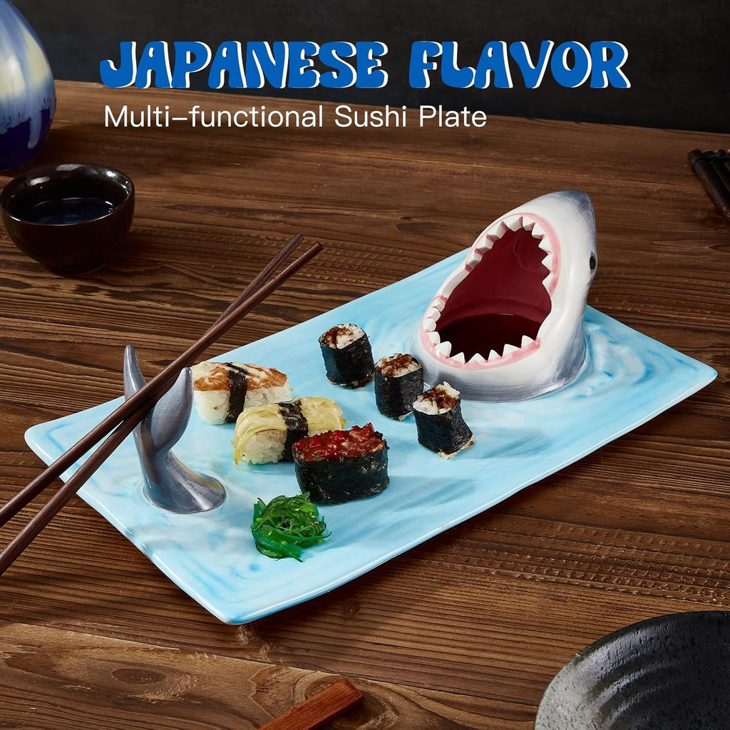 Shark Ceramic Sushi Plate with Soy Sauce Bowl and Chopstick Holder R75301