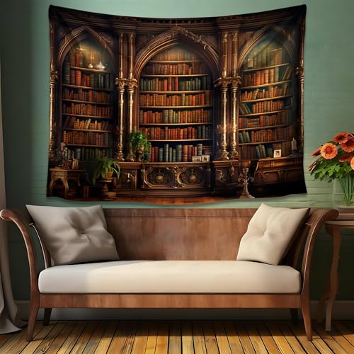 QGHOT Medieval Bookshelf Tapestry Vintage Library Wall Hanging P36533