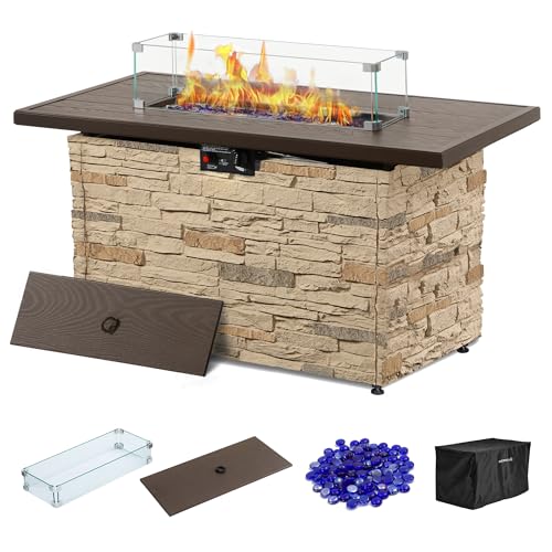 43" Propane Fire Pit Table Outdoor Rectangular Stone with Glass Wind Guard O259531