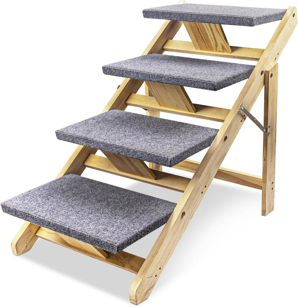 Wood Pet Stairs/Pet Steps 2-in-1 Foldable Wood Dog Stairs & Ramp with Non-Slip Pads, Dogs Steps for High Bed Car Portable Dog/Cat Ladder Up to 110 Pounds