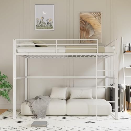 Metal Loft Bed Frame Twin Size with Safety Guard Rails & Built-in Ladder, Black C7852