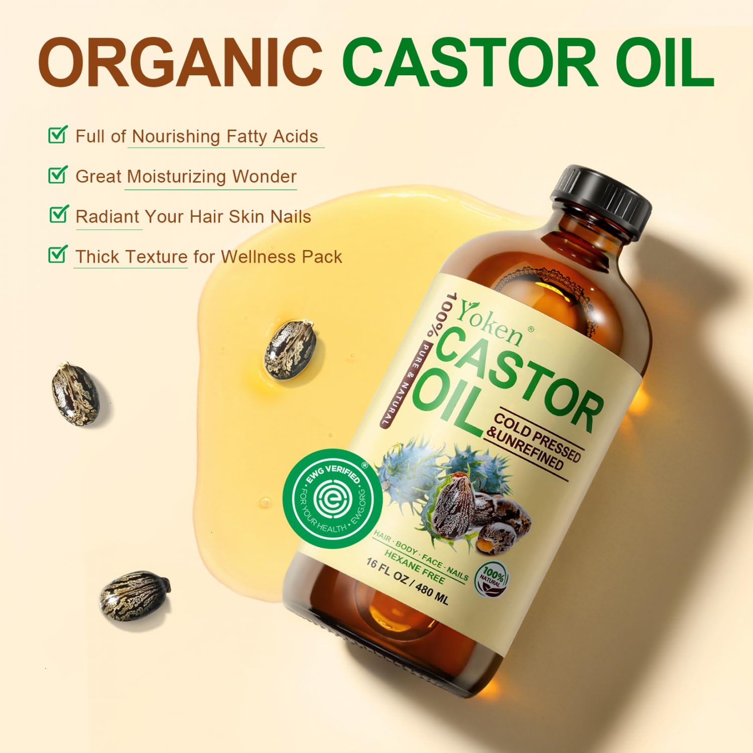 Yoken Pure Castor Oil Glass Bottle 16 fl oz for Face, Body, Hair U780559