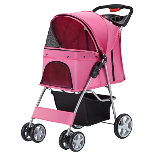 Pet Stroller 4 Wheels Dog Cat Stroller for Medium Small Dogs Cats, Folding Cat Jogger Stroller with Storage Basket & Breathable Mesh, Easy to Walk Travel Carrier, Purple