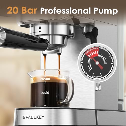 Spacekey Espresso Machine 20 Bar, Stainless Steel with Milk Frother T968