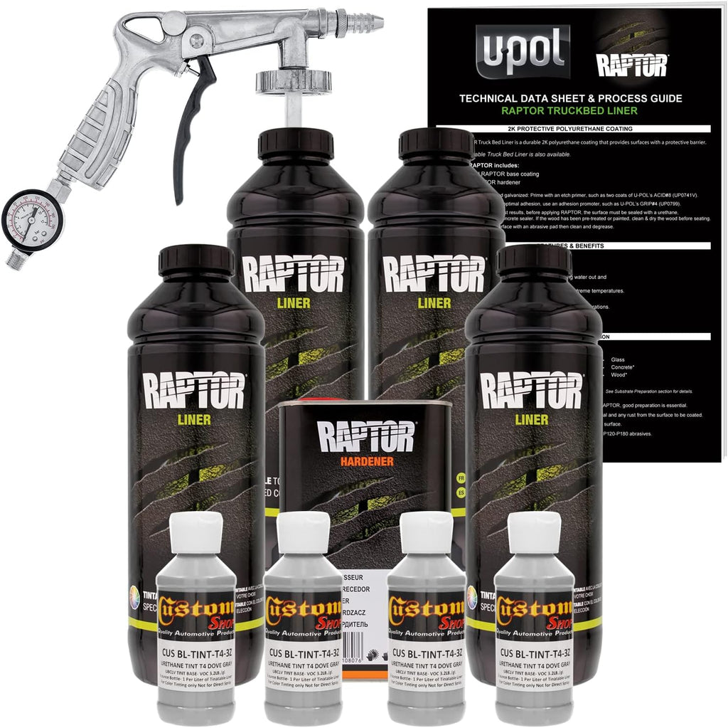 U-POL Raptor Dove Gray Urethane Spray-On Truck Bed Liner Kit W/Free Spray Gun, 4 Liters