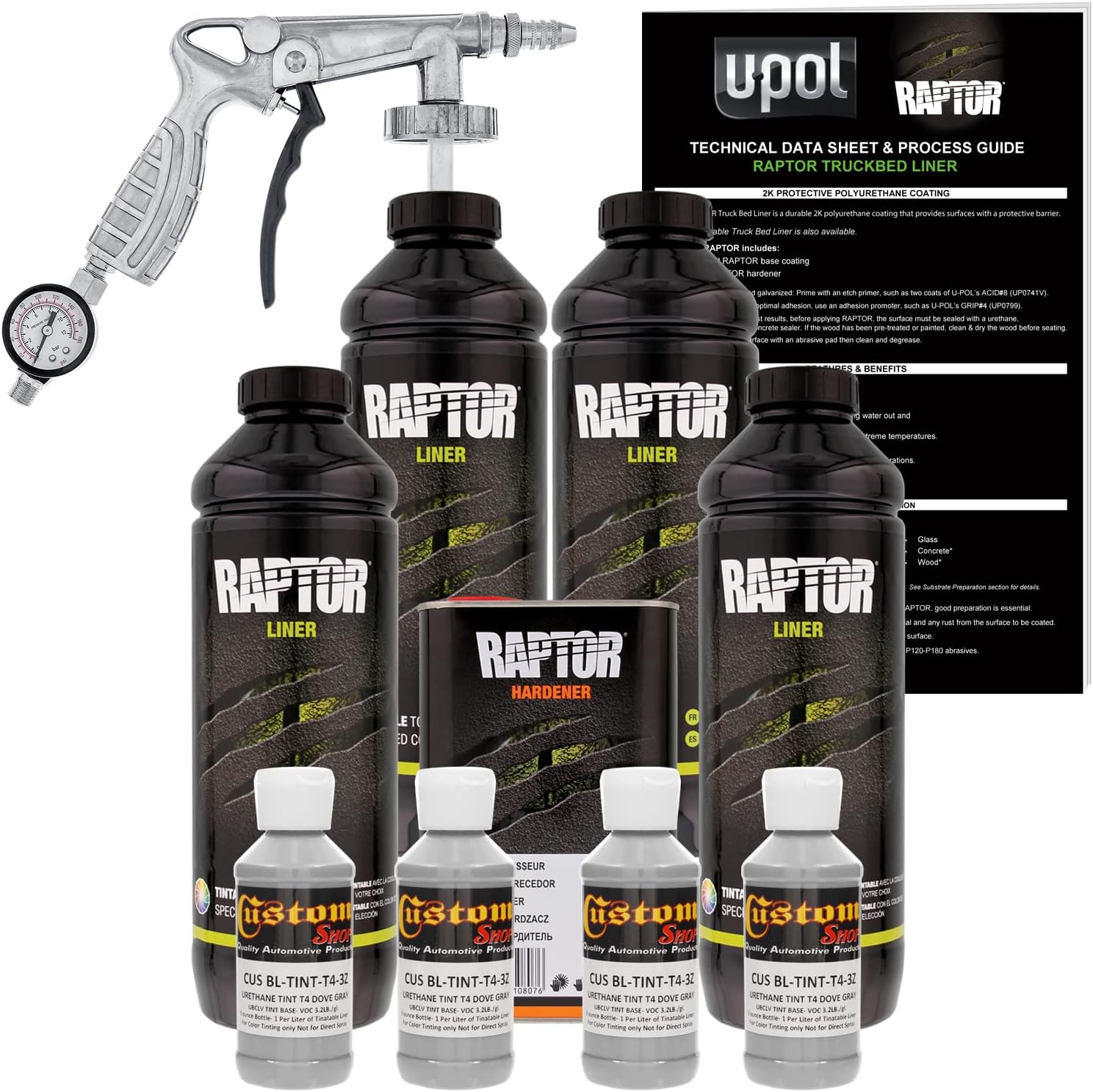 U-POL Raptor Dove Gray Urethane Spray-On Truck Bed Liner Kit W/Free Spray Gun, 4 Liters