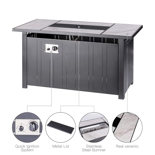 30" Propane Fire Pit Table with Ceramic Top, 50000 BTU, Outdoor Gas Firepit with Lid & Glass Rock Y964