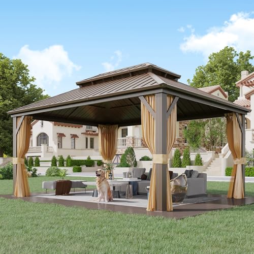 YOLENY 10' x 12' Hardtop Gazebo with Galvanized Steel Double Roof, Netting and Curtains Y84317