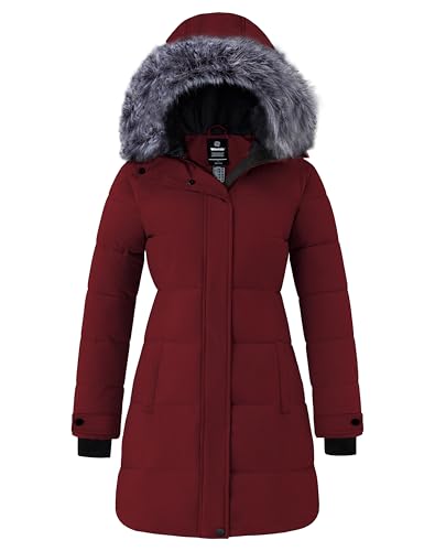 wantdo Women's Long Quilted Winter Coat Thicken Puffer Jacket with Faux Fur Hood