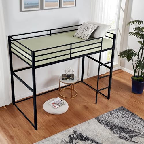 Metal Loft Bed Frame Twin Size with Safety Guard Rails & Built-in Ladder, Black C7852