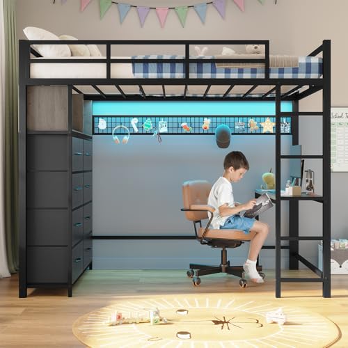 ADORNEVE Twin Size Loft Bed with Desk, LED Lights & Charging Station, White N63088
