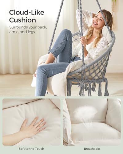 SONGMICS Hanging Chair with Large Thick Cushion, Boho Swing Chair, Cream White C225966