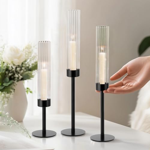 Black Hurricane Candle Holders Set of 6 Glass Taper Candlestick Holders G494