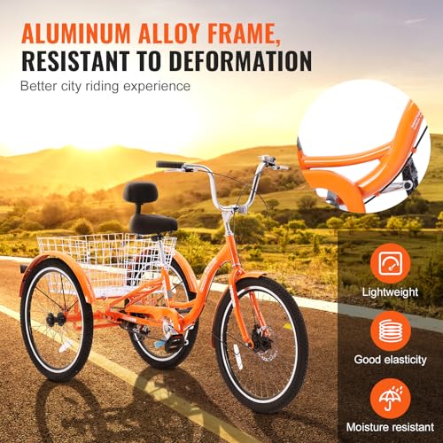 VEVOR Adult Tricycle 24 Inch 3-Wheel Aluminum Cruiser Bike with Basket, Orange B178