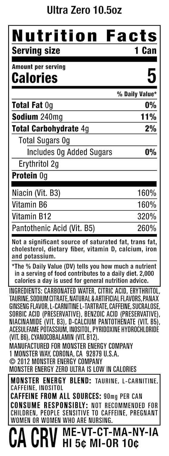 Monster Energy Zero Ultra Sugar Free Energy Drink, 10.5 oz, 12 Pack K4754