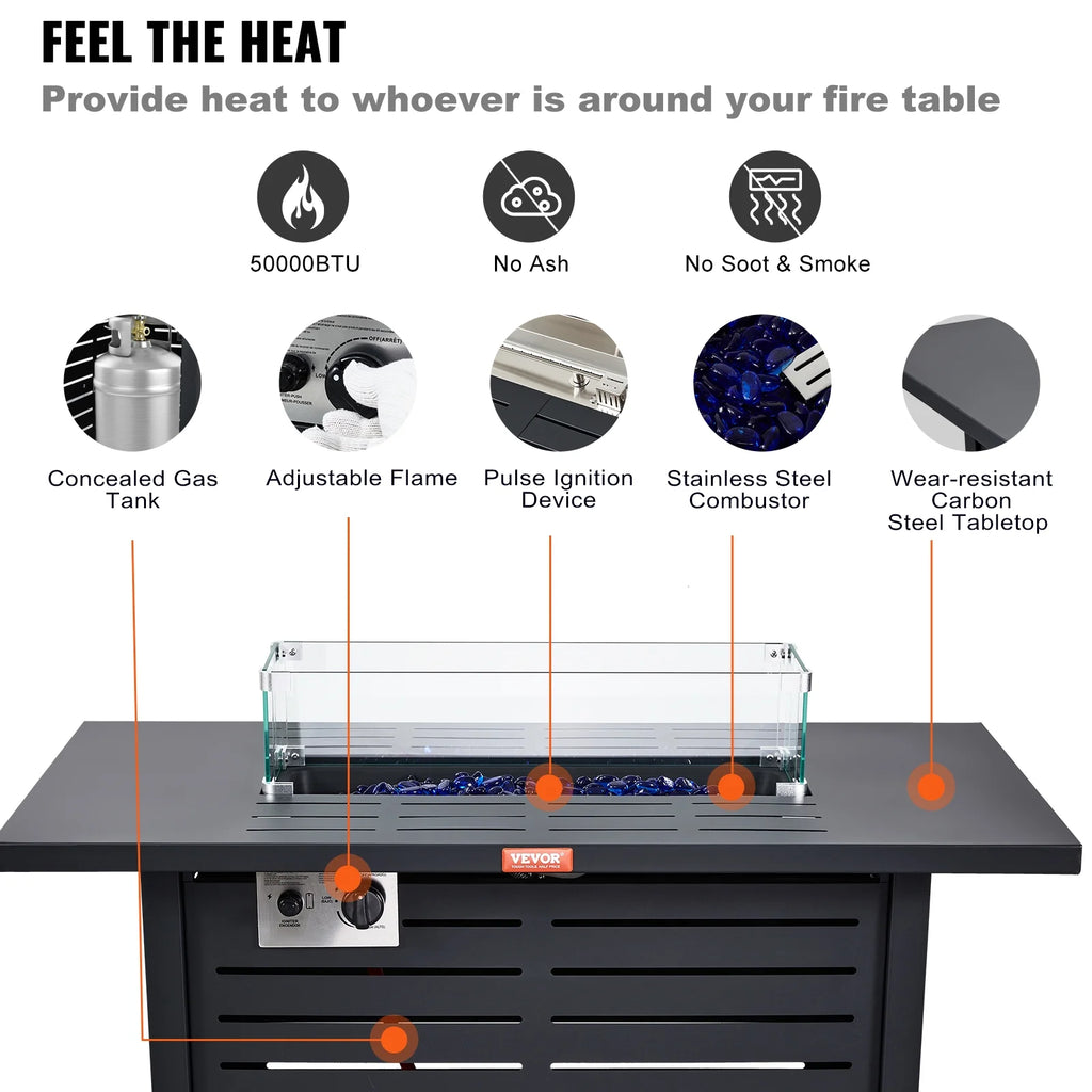 BENTISM 43" Outdoor Propane Gas Fire Pit Table with Glass Tabletop & Lid B2251