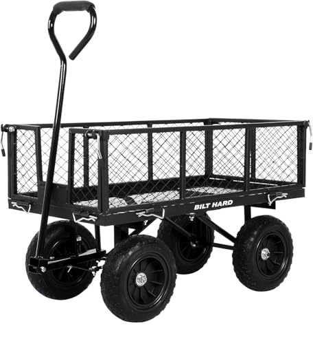 BILT HARD 880 lbs 10" Flat Free Tires Steel Garden Cart with 180° Rotating Handle and Removable Sides, Heavy Duty 4 Cu.Ft Capacity Utility Garden Carts and Wagons, Black