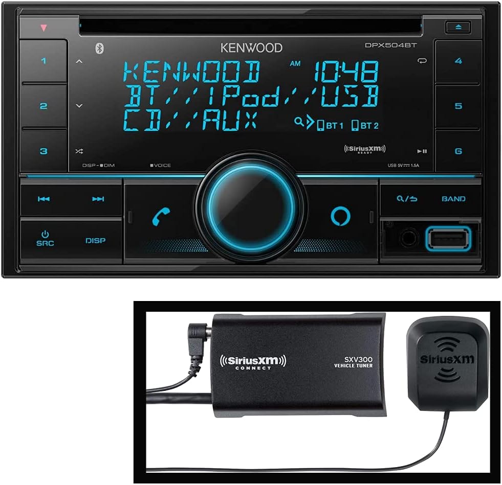 Kenwood DPX504BT Double DIN in-Dash CD Receiver Bluetooth | Car Stereo CD Receiver Amazon Alexa Voice Control | High-Contrast 3-line Display Variable-Color | Plus SiriusXM SXV300v1 Satellite Radio