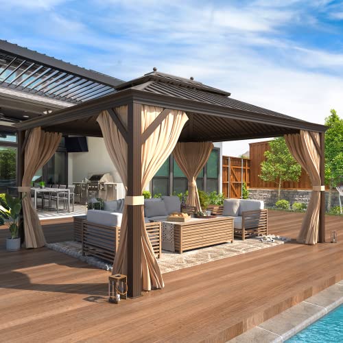 YOLENY 10' x 12' Hardtop Gazebo with Galvanized Steel Double Roof, Netting and Curtains Y84317