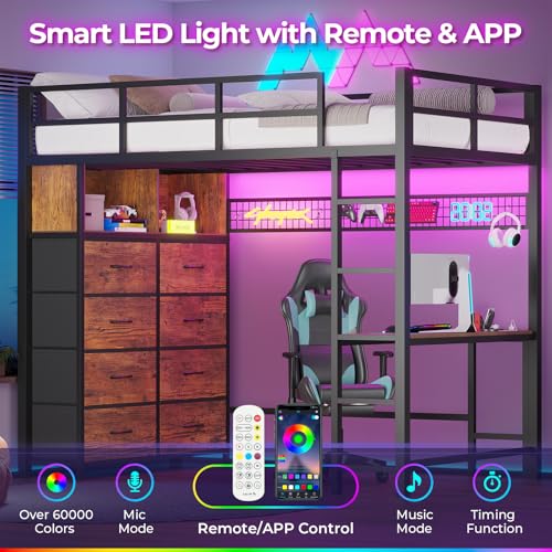 ADORNEVE Twin Size Loft Bed with Desk, LED Lights & Charging Station, White N63088