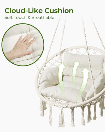 Greenstell Hammock Chair, Macrame Swing Chair with Cushion, Indoor & Outdoor, Beige G7957