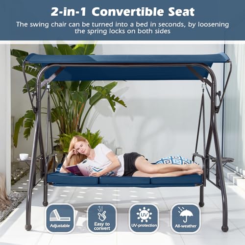 800LBS Patio Swing with Canopy 3 Seat Outdoor Porch Swing with Stand, Cup Holder & Pillow (Green) O887