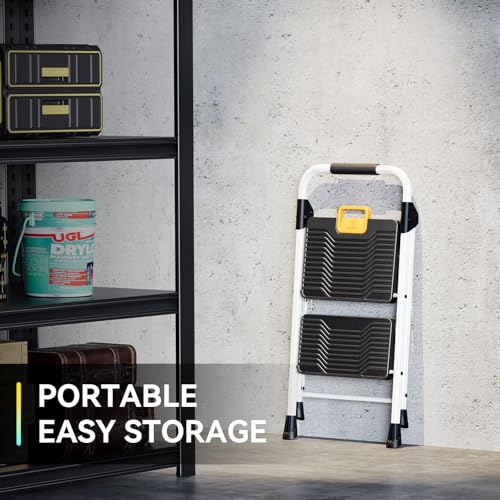 KINGRACK 3 Step Folding Ladder, 800lbs Capacity, Non-Skid Wide Pedals, White W71585