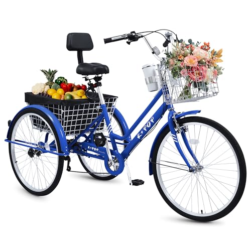 26 Inch 7 Speed Adult Tricycle, 3 Wheel Beach Cruiser Bike with Backrest and Baskets V183109