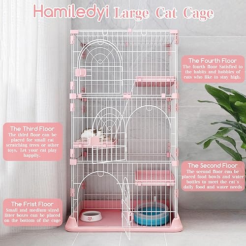 Hamiledyi Indoor Cat Cage 52 Inches Large Pet Crate with 3 Platforms and 1 Ramp Ladders (Pink) O39080