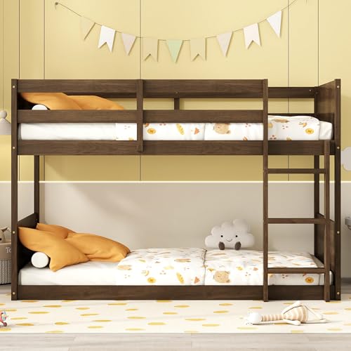 Twin Over Twin Wood Bunk Bed with Ladder and Guardrails for Kids P604