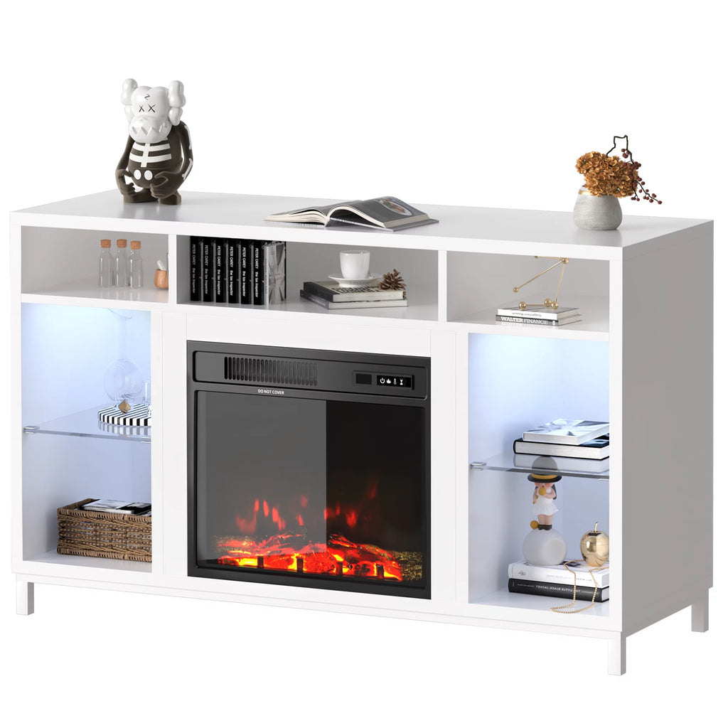 Fireplace TV Stand with 18" Electric Fireplace, Entertainment Center with Adjustable Glass Shelves, TV Console for TVs up to 47", TV Table for Living Room/ Bedroom/Office, White