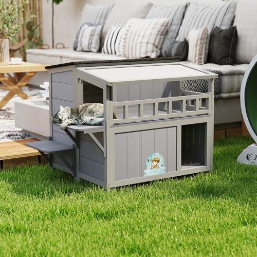 Outdoor Cat House 2-Tier Wood Shelter with Sunlight Roof, Gray J986