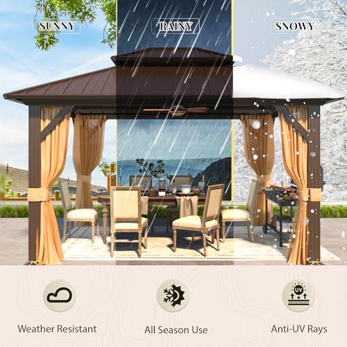 YOLENY 10' x 12' Hardtop Gazebo with Galvanized Steel Double Roof, Netting and Curtains Y84317
