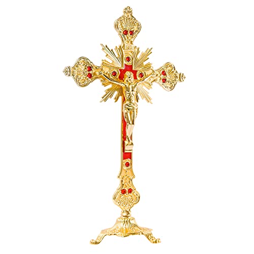 Metal Standing Crucifix Golden Tabletop Catholic Jesus Cross for Home Chapel Decoration D839