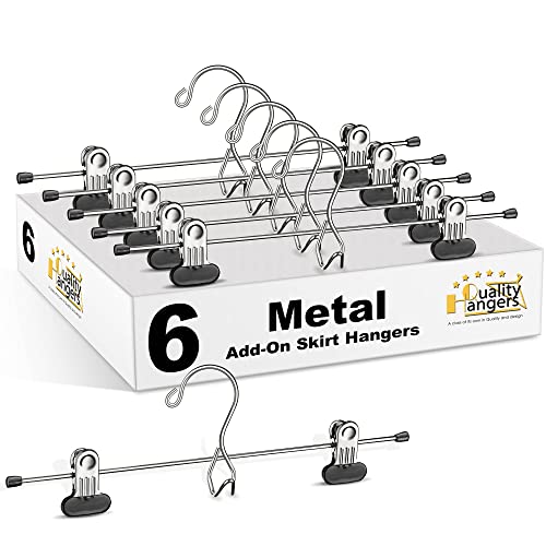 6 Quality Pants Hangers Heavy Duty Add-on Skirt/slack Metal Hanger, Extra Wide Adjustable Clips, Multi Stackable Add on Hangers, Chrome, Jeans, Bottoms, Set of 6