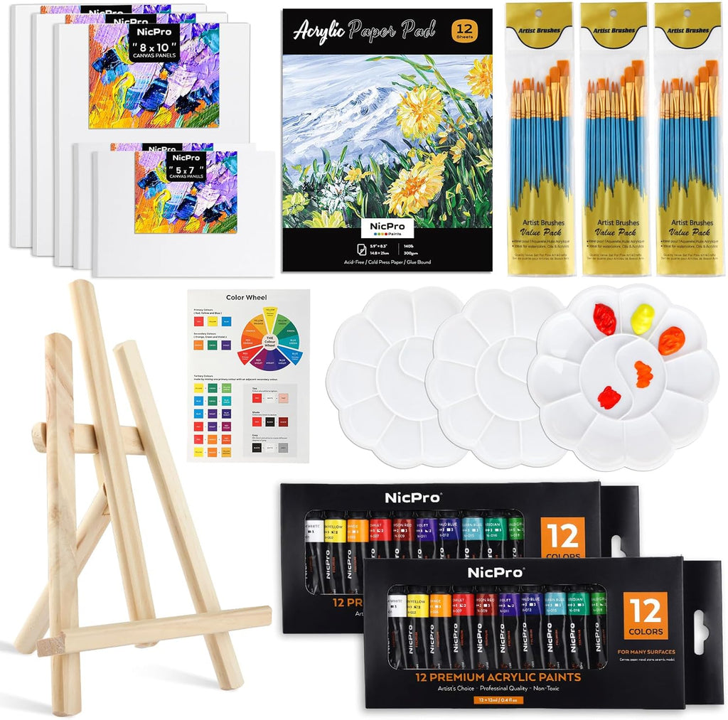 Nicpro 65PCS Acrylic Paint Canvas Set, Kids & Adults Art Painting Supplies Kit with 2 Set of Acrylic Paint (12 Colors), 30 Paint Brushes,5 Canvas,Wood Easel,3 Palette,A5 Paper Pad for Beginner Artists