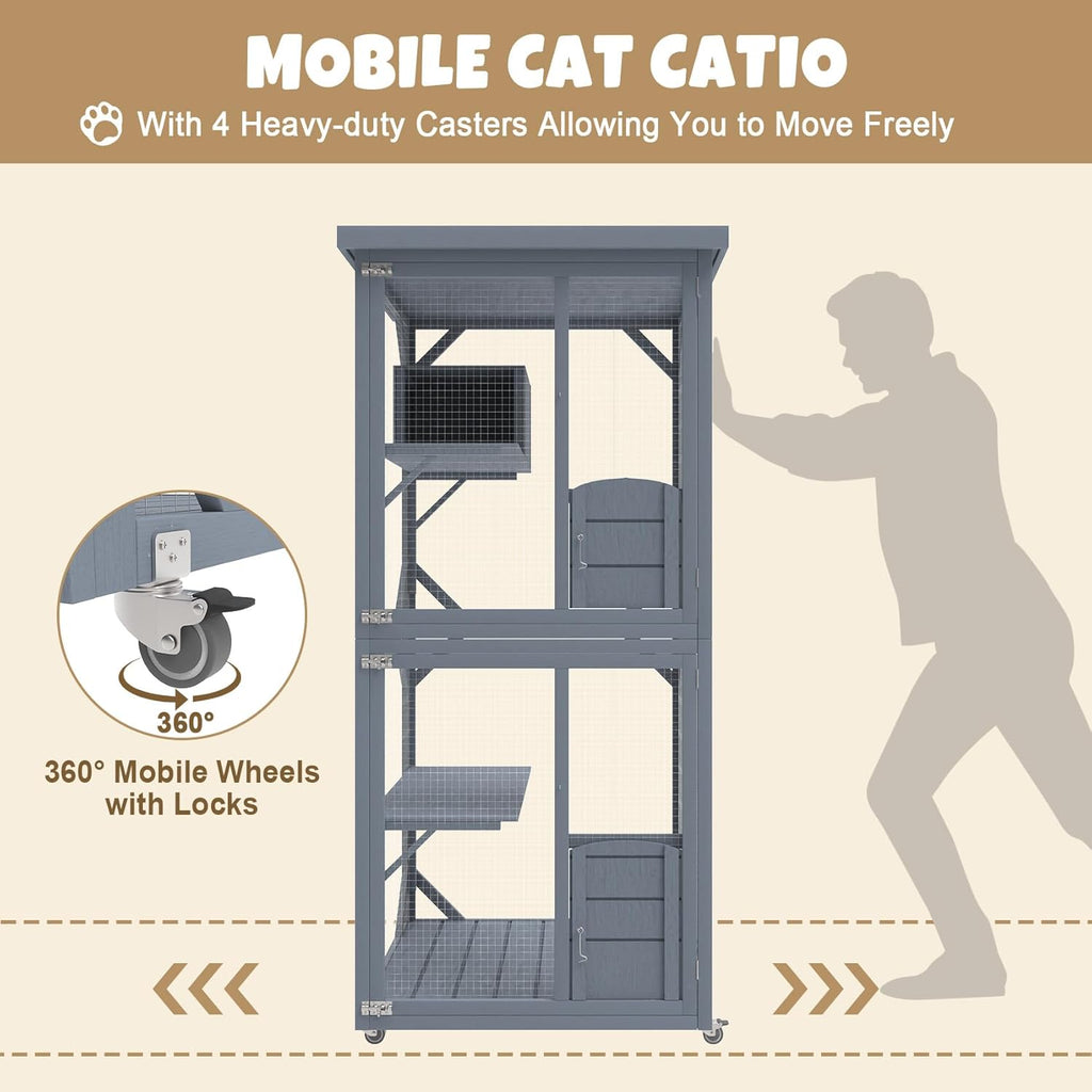 Wooden Catio Outdoor Cat House with Run on Wheels for Multiple Cats Y34890