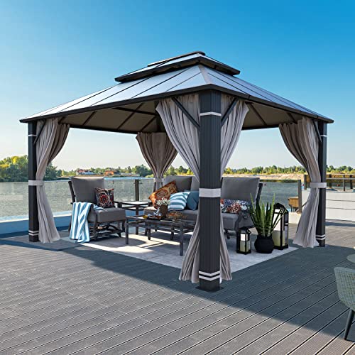 YOLENY 10' x 12' Hardtop Gazebo with Galvanized Steel Double Roof, Netting and Curtains Y84317