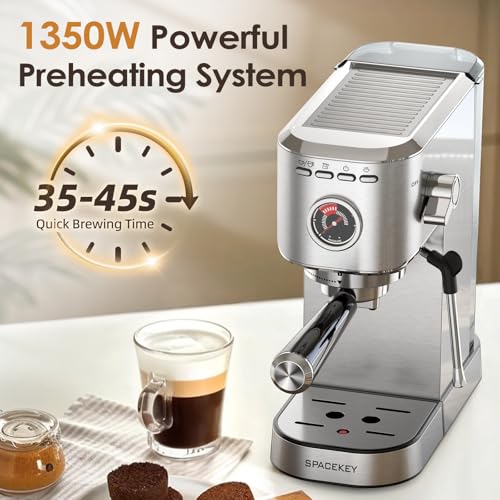 Spacekey Espresso Machine 20 Bar, Stainless Steel with Milk Frother T968