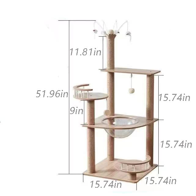 Large Wooden Cat Tree with Scratching Post and Cozy Bed U567583
