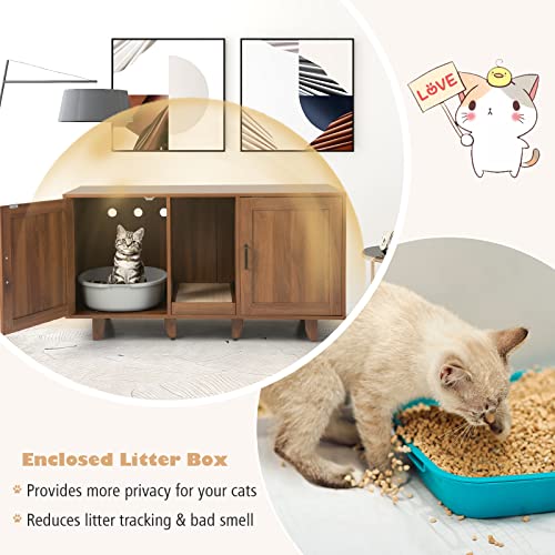Tangkula Double Cat Litter Box Enclosure Cabinet with Scratching Board, Grey Oak A19110