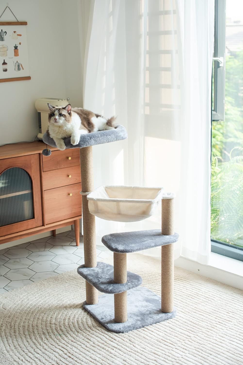Catry Babylon Cat Tree with Cat Hammock, Scratching Post, 42" Sturdy Cat Furniture, Grey Beige P42273