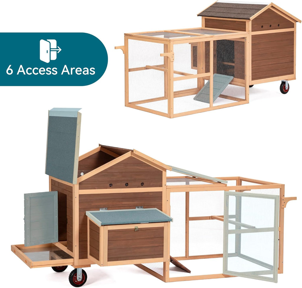 81"L Movable Chicken Coop with Wheels for 4-6 Chickens, Nesting Box and Run R1350