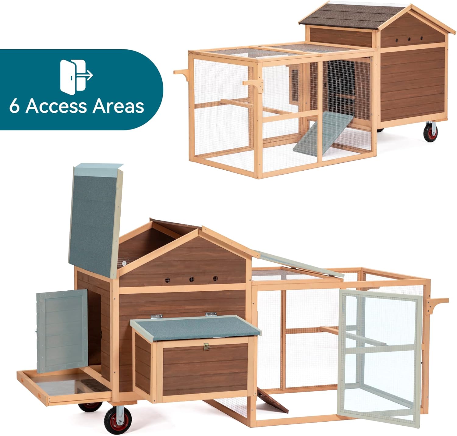 81"L Movable Chicken Coop with Wheels for 4-6 Chickens, Nesting Box and Run R1350