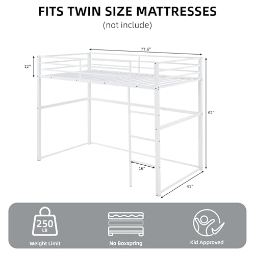 Metal Loft Bed Frame Twin Size with Safety Guard Rails & Built-in Ladder, Black C7852
