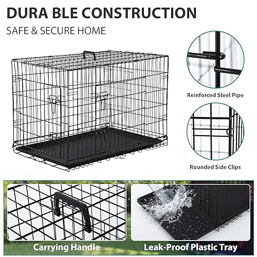 48 Inch Double-Door Folding Dog Crate with Plastic Tray, Black V44932