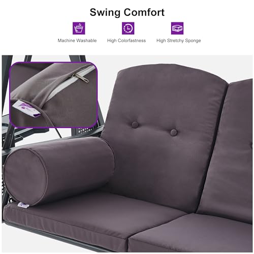 PURPLE LEAF Outdoor Patio Porch Swing with Adjustable Canopy, 3-Seat Bench, Grey W393