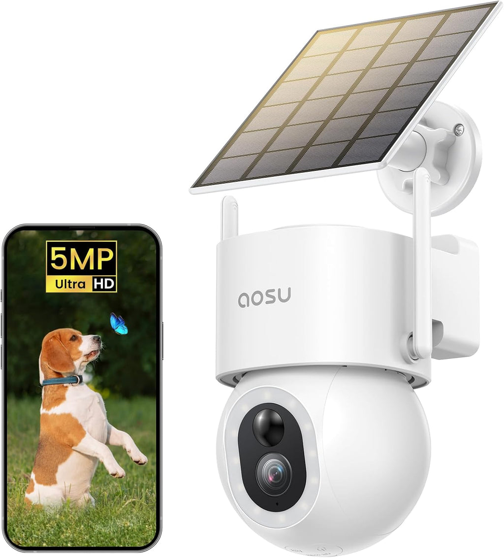 AOSU Security Cameras Wireless Outdoor, 3K/5MP Solar Powered Cameras for Home Security, 360° Pan/Tilt Surveillance, Color Night Vision, 2.4G WiFi Camera, Auto Tracking, AI Human/Vehicle/Pet Detection