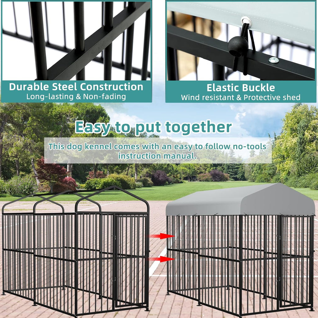 MEETWARM Large Outdoor Dog Kennel, Heavy Duty Metal Pet Playpen with Waterproof Cover T636