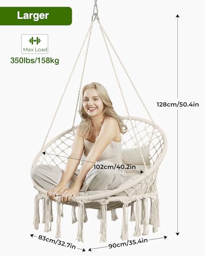 Greenstell Hammock Chair, Macrame Swing Chair with Cushion, Indoor & Outdoor, Beige G7957